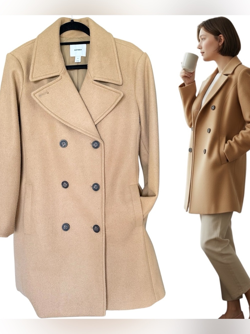 Old Navy Double-Breasted Long Soft Brushed Peacoat Women's Size XL in Camel New